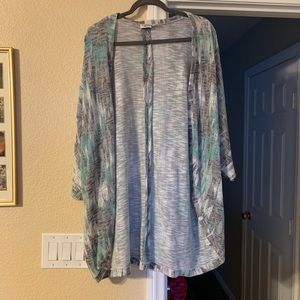 Blue and grey cardigan.